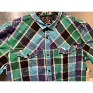 Western Short Sleeve XL Amplify Button Up Blue/Green/Black Plaid Cowboy New Tags